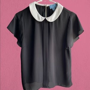 Cece short sleeve collar chiffon black blouse